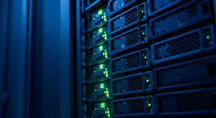 Illuminated Server Rack in Dark Room Featuring Blinking Green Lights and High Tech Computer Equipment in the Blue