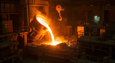 Industrial Molten Metal Pouring Process with Crane Hook and Metallic Structures