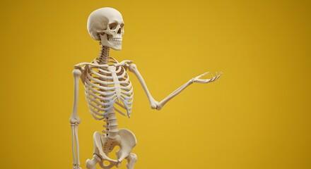 A human skeleton is presented with its left arm extended forward, palm open, as if offering or presenting something against a vibrant yellow background