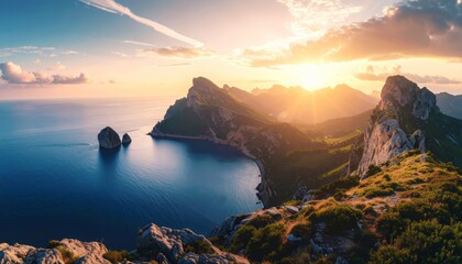 Dramatic coastal mountains at golden sunset