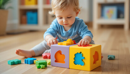 Toddler playing with shape sorting cube, early learning toy, bright colors, wooden floor