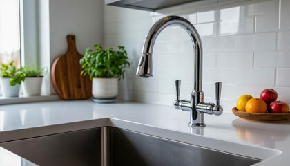 Modern kitchen sink with chrome faucet, white tiles, fruits, plants and wooden cutting board on the countertop.