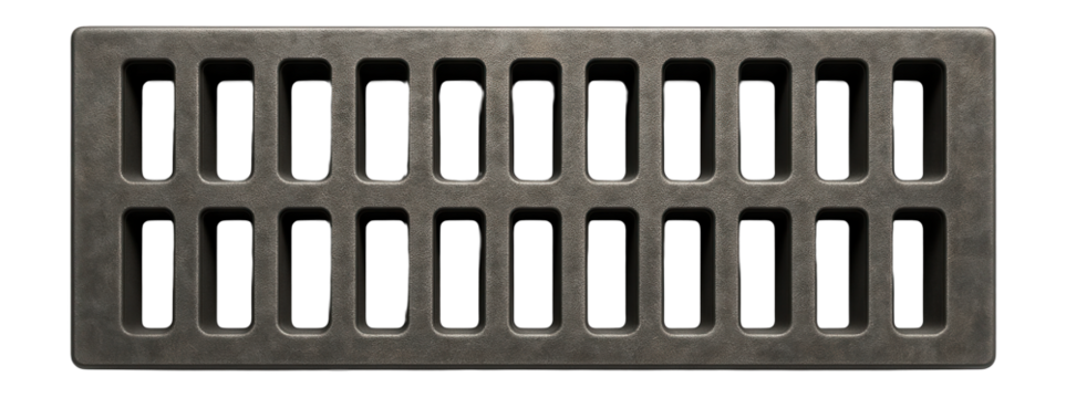 Metal drainage grate with rectangular apertures and oxidized surface