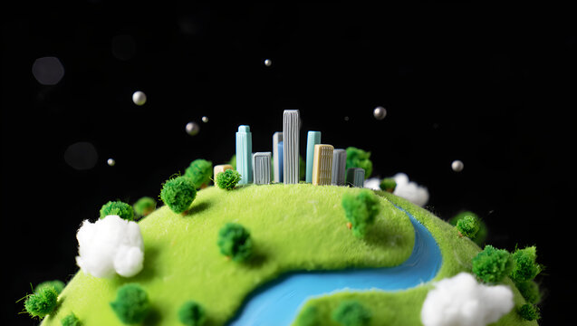 Miniature cityscape on a green planet with river and clouds