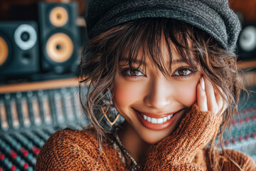 Beautiful asian sound engineer listening to music.