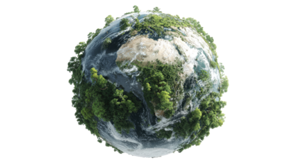 A detailed, stylized depiction of Earth, showcasing its continents and lush vegetation