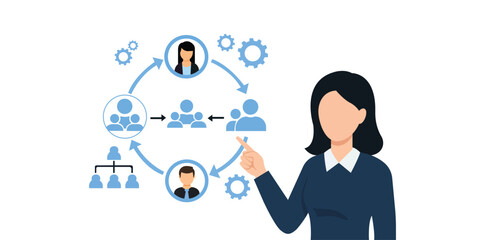 Businesswoman,presenting,team management structure with people icons and gears vector illustration representing leadership organization communication and workflow
