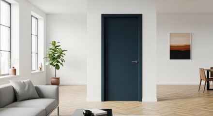 Fresh urban interior featuring bright white walls wood flooring and a bold door element.