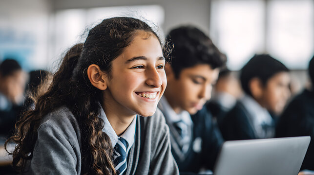Smiling student girl in classroom learning with laptop at school education for future generation - Powered by Adobe
