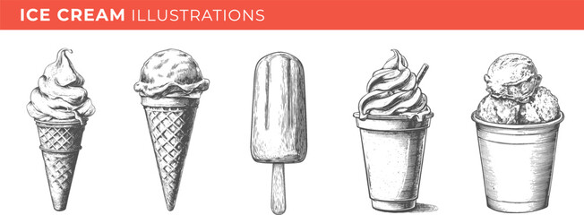 Set illustrations of ice cream isolated on transparent background. Vector graphics