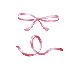 Watercolor pink ribbon and hand-drawn bow. The illustration is isolated on a white background. Festive decor. Clipart.