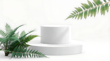 White podium display concept with green fern leaves for natural product presentation on a clean background.