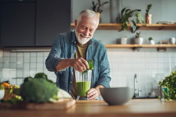 Elderly man with gray beard smiles while preparing green smoothie in modern kitchen