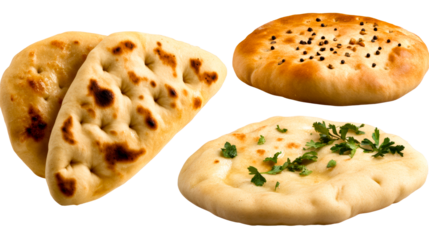 Variety of delicious naan bread with different toppings and styles