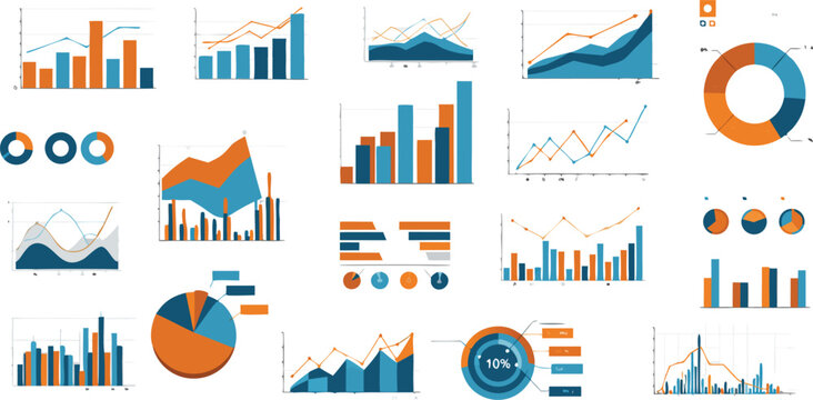 Collection of various charts and graphs in blue and orange colors representing data visualization tools