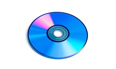 Blue C D- R O M optical disc with a reflective surface on a white background isolated studio shot