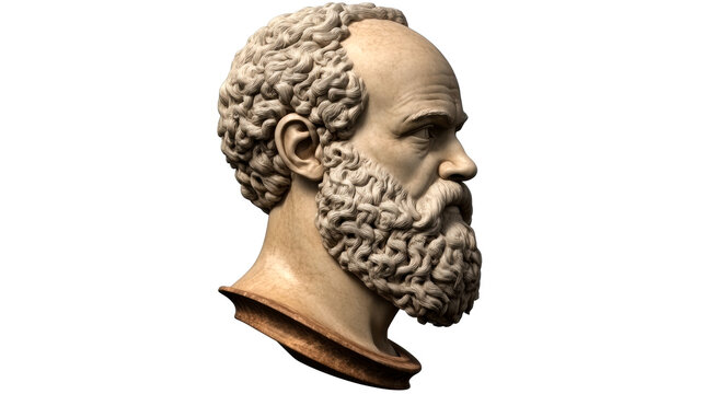 Sculpted bust of a philosopher with curly beard and detailed features