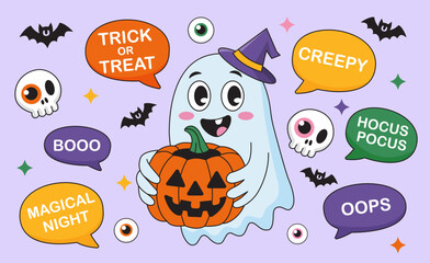 Cute ghost with a pumpkin. A set of Halloween speech bubbles with text: Trick or treat, Magical Night, Creepy, Hocus Pocus, Boooo, Oops. Vector illustration.