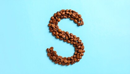 Coffee beans arranged in letter S on light blue background