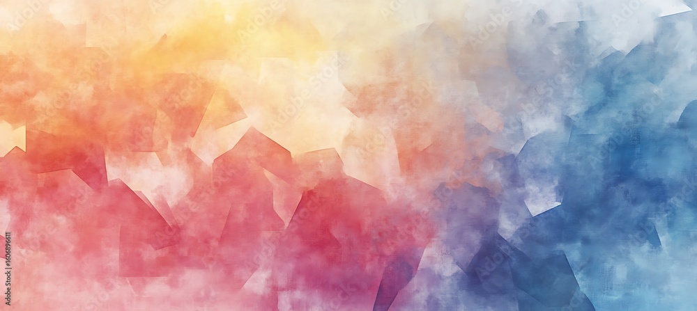 Poster watercolor painting with a blend of orange yellow red and blue creating a soft and dreamy abstract e
