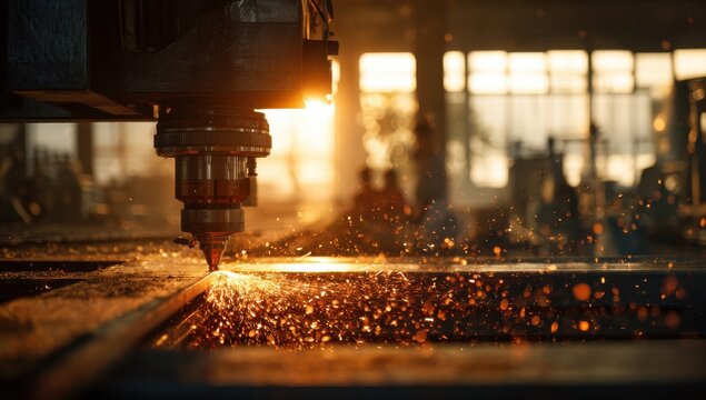 A cinematic wide-angle close-up of a CNC laser tool cutting steel in a factory as morning sunlight streams through windows behind.