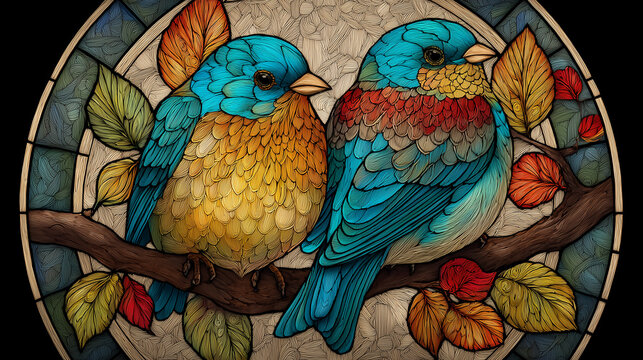Vibrant Bluebirds on Autumn Branch: Detailed Bird Art