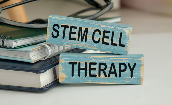 Wooden Block blue sign that says Stem Cell Therapy. It is on top of a stack of books