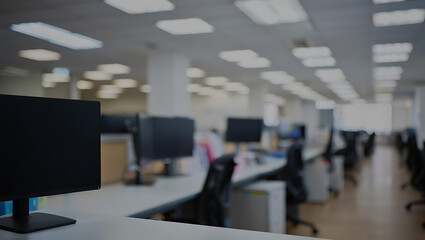 An empty modern office interior with rows of desks and computers, illuminated by overhead fluorescent lights, creating a quiet and professional workspace