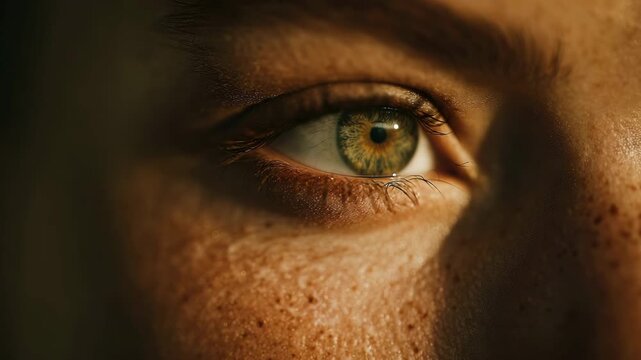 Close-up intricate details of human green eye, colors and textures. Eyelashes and skin, natural beauty without makeup. Freckles closeup, emotion, female portrait. Mascara macro view.