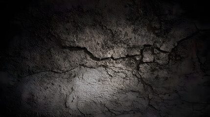 Abstract dark concrete surface with raw texture variations, highlighting weathered cracks and aggregates under moody lighting.
