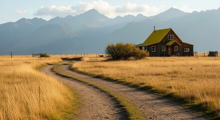 Historic church on a winding path with majestic mountains