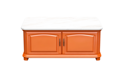 Modern orange kitchen island with marble top and storage
