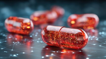 A close-up macro photo of transparent red capsules with microchip circuits visible inside. The glowing background features a digital mesh of white and blue nodes resembling a neural network.