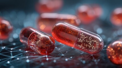 A close-up macro photo of transparent red capsules with microchip circuits visible inside. The glowing background features a digital mesh of white and blue nodes resembling a neural network.