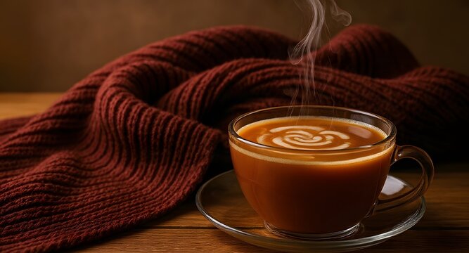Cozy Coffee Moment Enjoying a Warm Cup of Coffee with Latte Art in a Comfortable Setting
