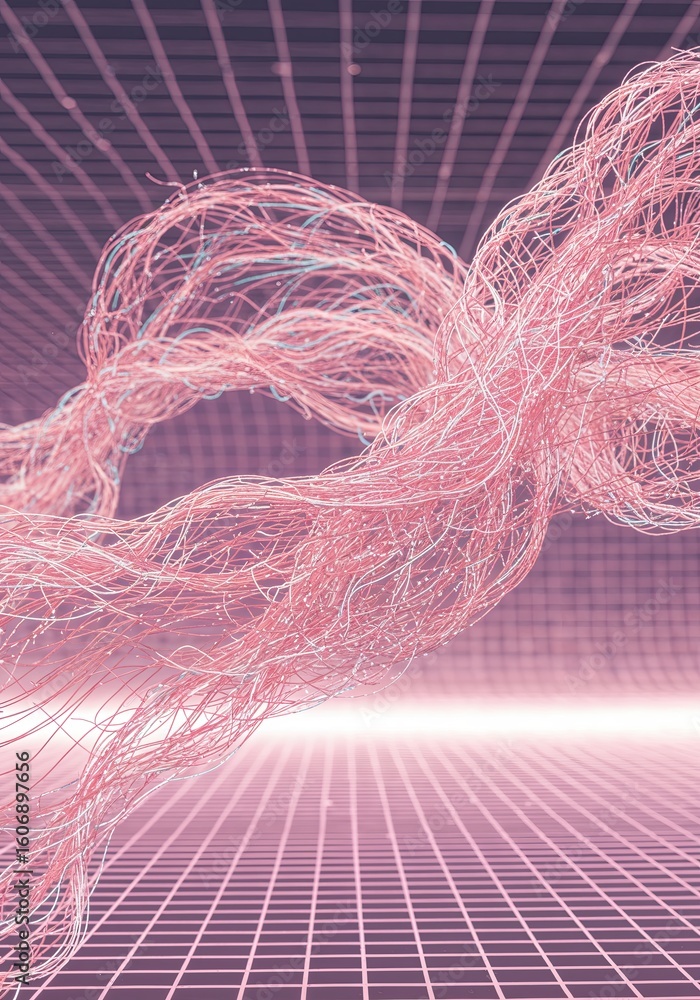 Poster abstract digital art featuring flowing, tangled lines in a grid-based virtual environment with a fut