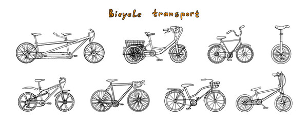Set of bicycle transport icons. Monocycle, tandem bicycle, tricycle. Sport. Cycling. Healthy lifestyle. Active lifestyle. Walking bicycle. Vehicle. Biking. Hand drawn. Doodles