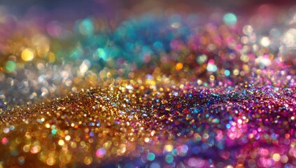 A close-up of colorful glitter, creating an enchanting and vibrant background with a rainbow effect. The glitter sparkles in various shades.