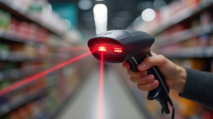 A close-up of a handheld laser barcode scanner reading a barcode on a product's label.