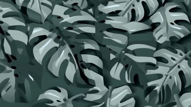 Abstract pattern of overlapping stylized monstera leaves in muted grey-green tones