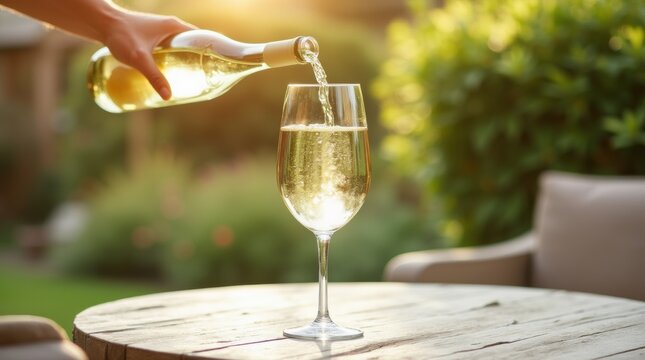 Hand pouring white wine into a glass on a sunny day.
