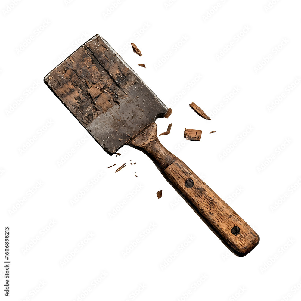 Poster a close up photograph of a rugged weathered chisel tool with a worn wooden handle used for various w