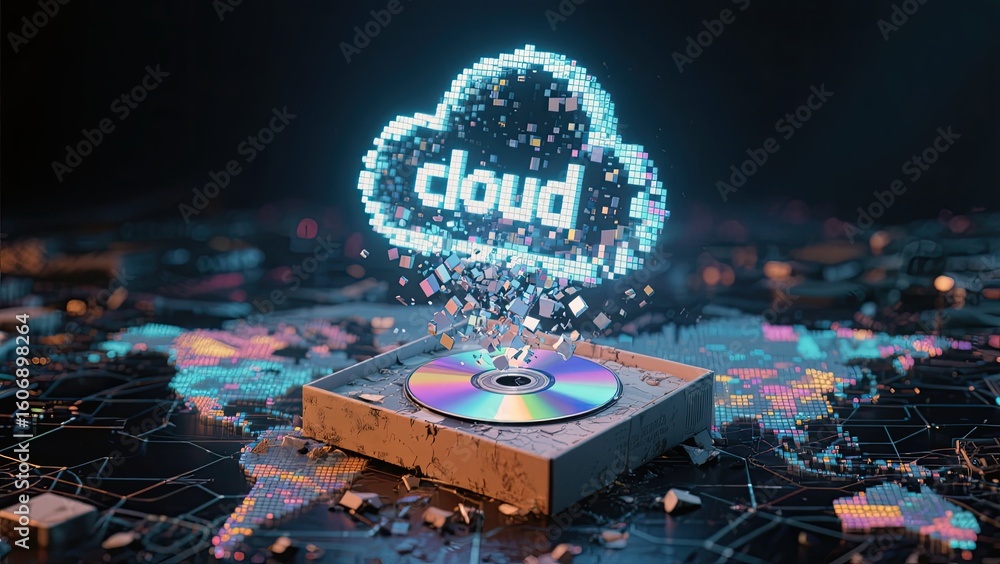 Poster a digital cloud composed of glowing cubes rises from a compact disc on a circuit board, symbolizing 