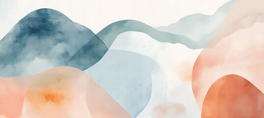 Abstract watercolor landscape featuring soft pastel mountains and a serene sky background empty template