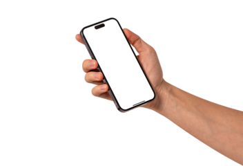 Front view of a hand holding a smartphone with a blank customizable screen isolated on transparent PNG.