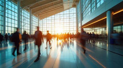 A time-lapse of a busy modern airport terminal with blurred travelers walking.
