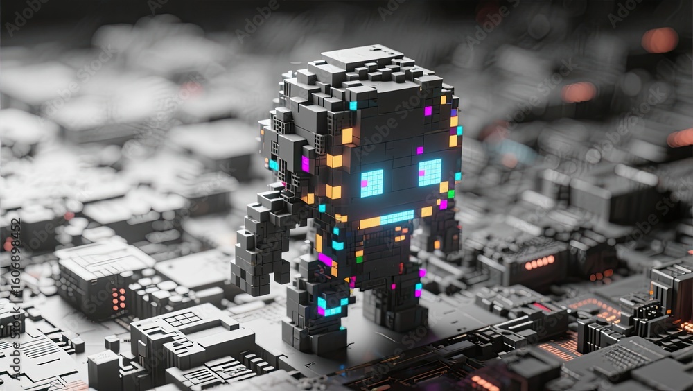 Poster a futuristic robot made of glowing cubes stands on a complex circuit board in a high-tech digital en