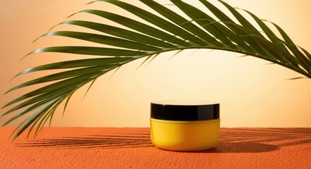Yellow cosmetic jar with dark lid under palm frond shadow