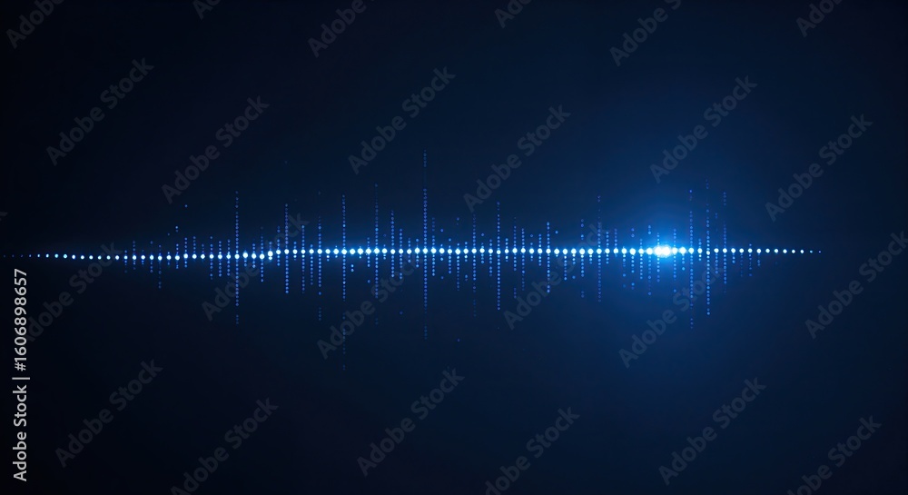 Poster a digital soundwave visualization with glowing blue dots and lines on a dark background, representin