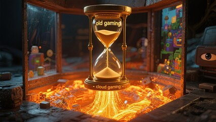 A glowing hourglass labeled "old gaming" and "cloud gaming" depicts the transition between traditional and modern gaming in a futuristic, digital environment.